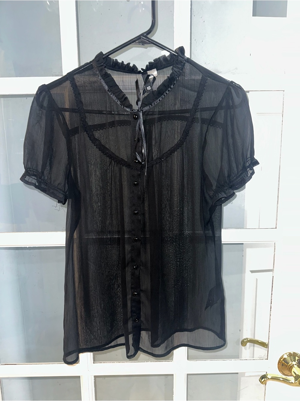 H&M Divided Women’s Sheer Lace Crochet Trim Bow Neck Tie Top Black Size 10 New